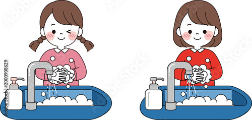 Illustration of Cute Girl Characters Washing Hands for Hygiene, Health, and Educational Concept Designs