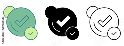 Three different styles of checkmark icons representing a verified status and approval within circular elements in a clean graphic design