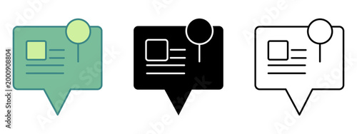 Three distinct notification icons are displayed side by side featuring a speech bubble with text content and a circular pin icon indicating location or attention for digital alerts