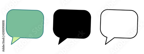 Three speech bubble icons representing communicationa solid color filled speech bubble a solid black speech bubble and a simple outline speech bubble on a transparent background