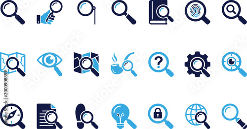 Magnifying glass and detective icons set in blue and dark blue on white background.