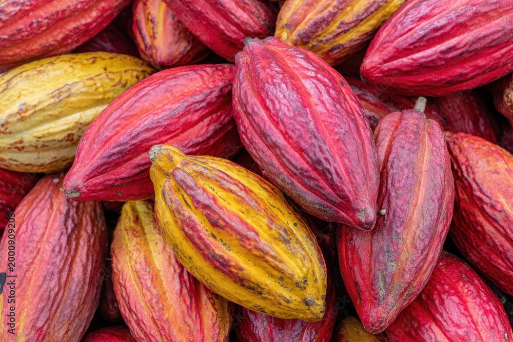 Fototapeta premium Vibrant Cacao Fruit Pods Surface. Natural Beauty. Heap of whole cocoa pods. Colorful cacao beans pile background. Fresh aromatic food backdrop. Chocolate production industry concept. Creative layout