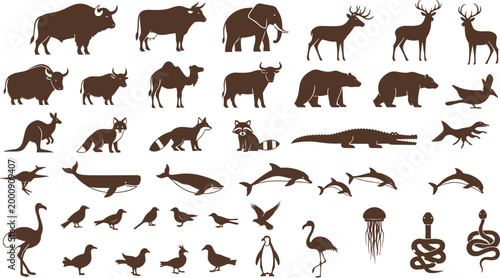 Wildlife Animal Silhouette Set Featuring Mammals Birds Marine Creatures and Reptiles Including Elephant Deer Bear Dolphin Penguin Snake and Crocodile for Nature Education and Design