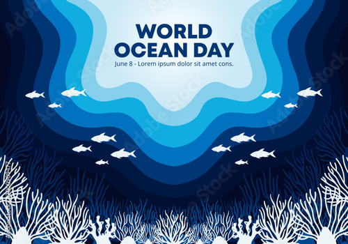 World Ocean Day Background with Abstract Paper Cut Underwater Coral Reef and Fish