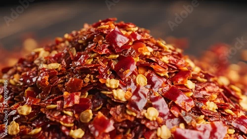 Closeup shot of dried red chili flakes being poured onto a pile.