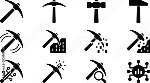 Mining pickaxe and hammer icon set, 12 black vector symbols for industrial excavation, digital crypto mining and construction tools