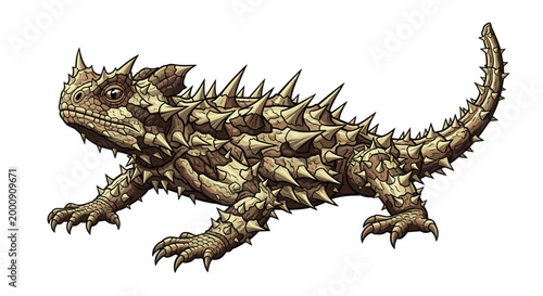 Highly detailed illustration of a thorny devil lizard, highlighting its spiny armor and desert camouflage, a unique Australian reptile on a plain white background.
