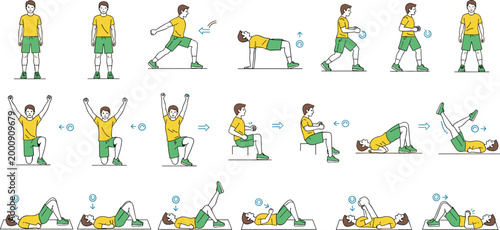 Home Workout Exercise Sequence Illustration Featuring Male Character Performing Stretching, Warm Up, Fitness Training and Physiotherapy Routine Steps for Healthy Lifestyle and Rehabilitation Guides