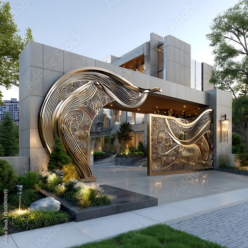 Large metallic sculpture of a snail in a landscaped courtyard