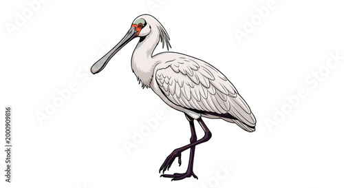 Elegant digital illustration of an Australian royal spoonbill bird standing gracefully, highlighting its unique spoon-shaped bill and pristine white plumage against a clear white background.