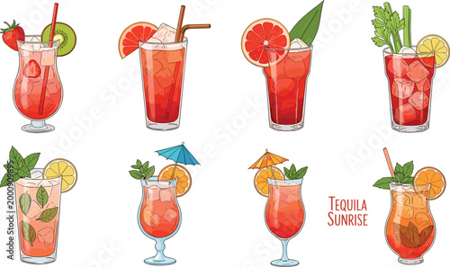 Colorful Cocktail Drink Collection Set with Fresh Fruit Garnished Beverages, Summer Refreshments and Alcoholic Mocktail Glasses Illustration for Bar 