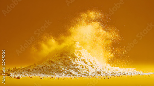 Yellow powder explosion against orange background, motion blur, studio shot, food ingredient powder.