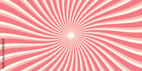 Pink ice cream and candy swirl background, lollipop vortex patterns intermixed with strawberry and circus elements. Retro spiral design. Flat vector illustration isolated