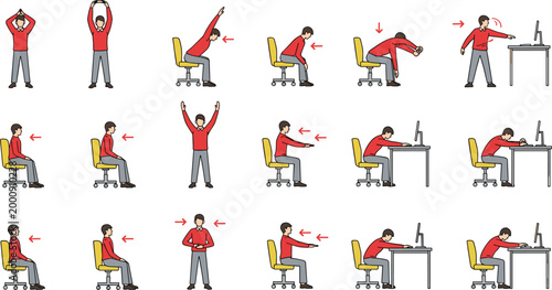 Office Workplace Stretching Exercise Routine Set for Desk Workers Ergonomic Health Fitness Vector Illustration Collection