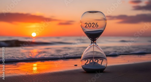 New Year 2026 to 2027 Countdown: Hourglass on Beach at Sunset