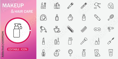 Makeup and Hair Care Line Icon Set - Cosmetics, Beauty Products, and Salon Symbols