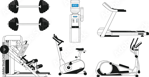 Gym Equipment Line Icon Set with Treadmill, Exercise Bike, Elliptical Trainer, Barbell, Weight Machine, and Water Dispenser for Fitness Training Design