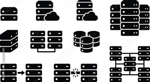 Sammlung von Server-, Datenbank- und Netzwerk-Icons in Schwarz-Weiß, die verschiedene IT-Infrastrukturen und Cloud-Lösungen darstellen.