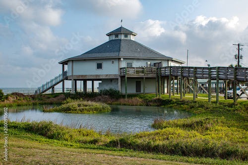 wooden building elevated over the Gulf of Mexico in Texas