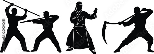 Martial arts silhouettes featuring staff combat, defensive stance, and scythe weapon strike, symbolizing discipline, technique, training, and traditional combat styles