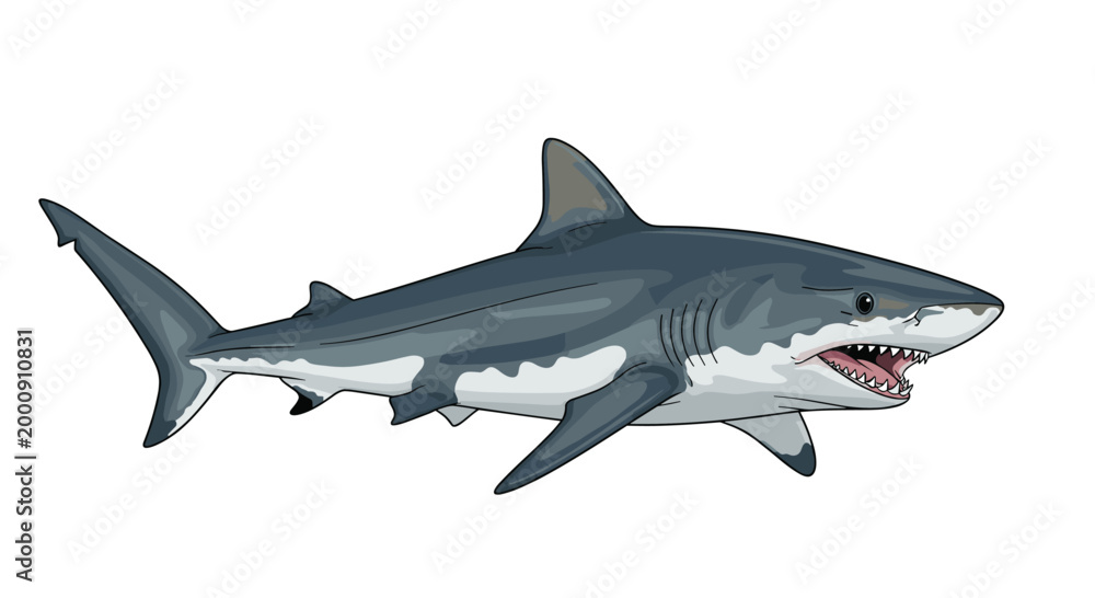 Fototapeta premium Powerful and aggressive illustration of a great white shark, mouth open with sharp teeth, capturing its predatory nature and strength in a dynamic pose.