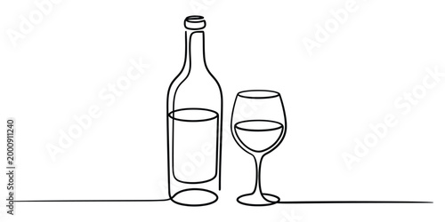 Continuous one line drawing of wine bottle and glass