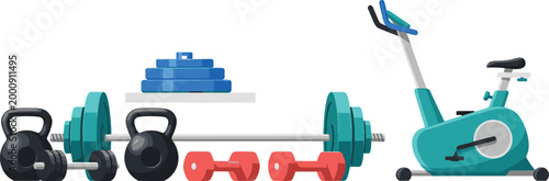 Fitness Equipment Illustration with Barbell, Dumbbells, Kettlebells, Weight Plates, and Exercise Bike for Gym Workout and Strength Training Design