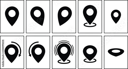 Eine Sammlung von zehn verschiedenen schwarzen Standort-Pin-Symbolen auf weißem Hintergrund, die statische, rotierende und pulsierende Kartenmarkierungen darstellen.