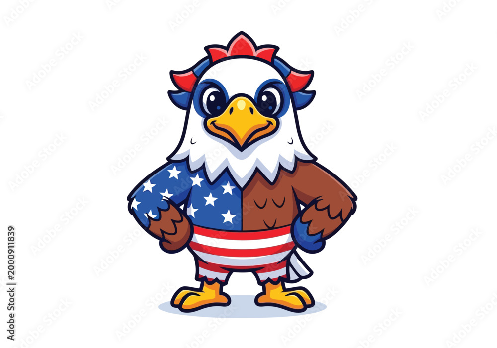 Fototapeta premium Cartoon bald eagle mascot character dressed in festive patriotic attire with patriotic, american
