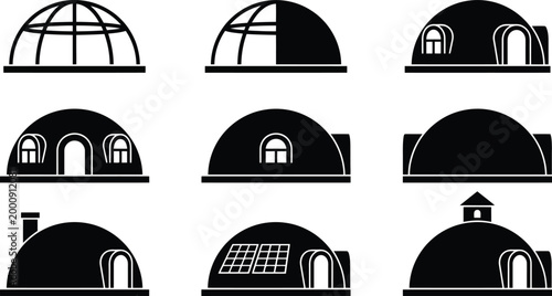 Verschiedene Silhouetten von Kuppelhäusern und geodätischen Kuppeln, die unterschiedliche architektonische Designs und Funktionen zeigen.
