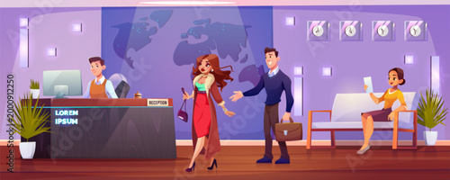 Hotel lobby with modern reception desk and friendly receptionist welcoming guests. Vector interior with elegant entrance hall, comfortable sofa and stylish furniture for luxury hospitality business.