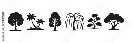 Various tree species silhouette collection in black and white.