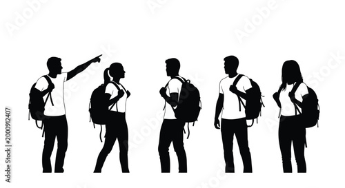 Group of people with backpacks in various poses black silhouette