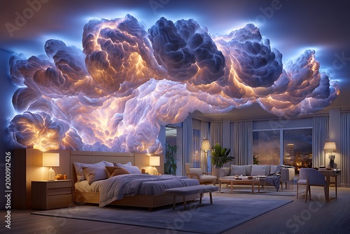 Living room with dramatic cloud ceiling and warm lighting