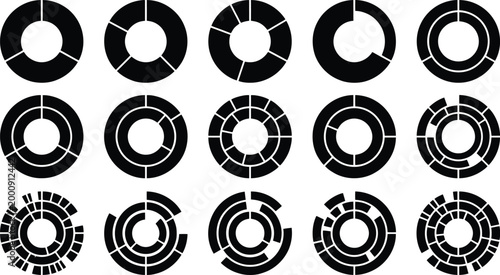 Detaillierte Darstellung verschiedener Donut- und Kreisdiagramme mit unterschiedlichen Segmentierungen und konzentrischen Ringen in Schwarz-Weiß.