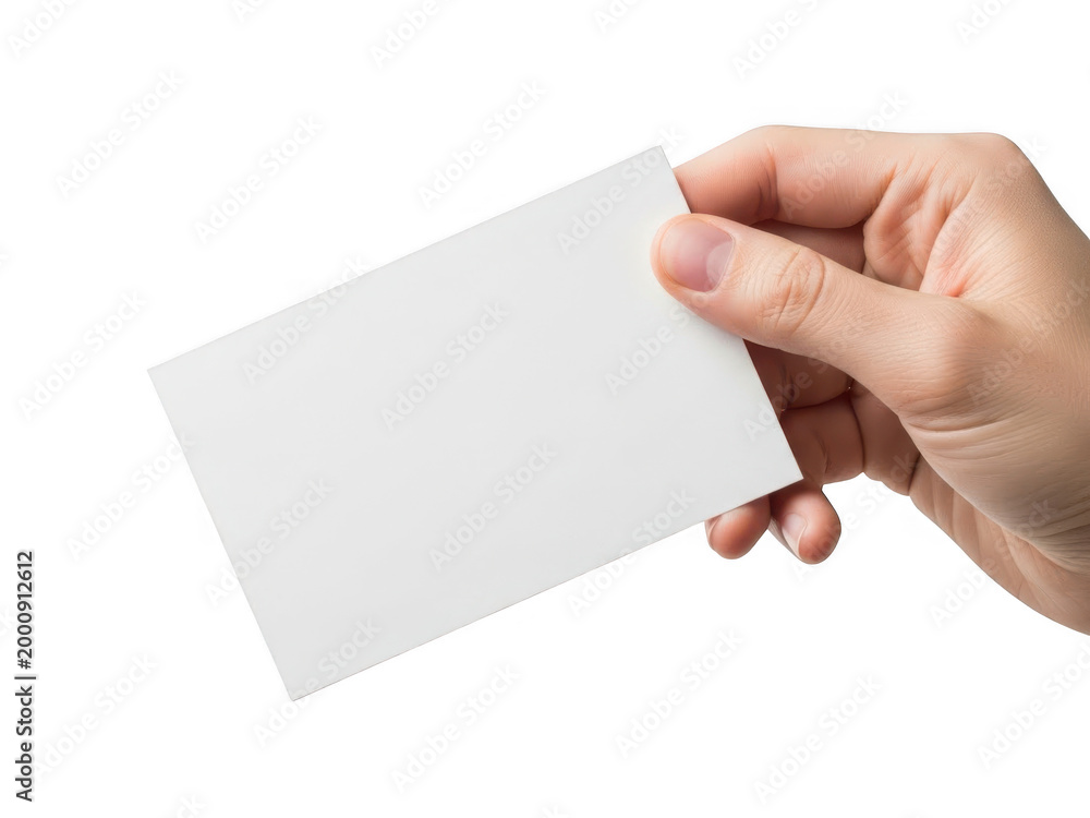Obraz premium Hand holding blank white greeting card with red corner detail isolated on transparent background