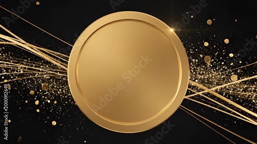 Golden Ring and Coin with Abstract Light Streaks and Sparkles on Black Background.