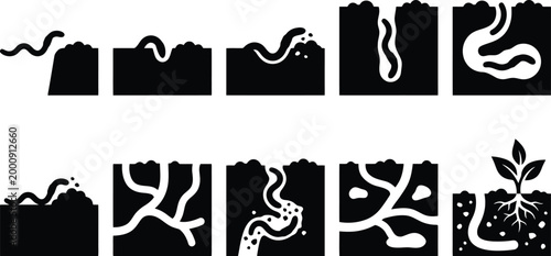 Detaillierte Darstellung der Arbeit von Regenwürmern im Boden, die Gänge graben, den Boden belüften und das Wachstum von Pflanzen fördern.