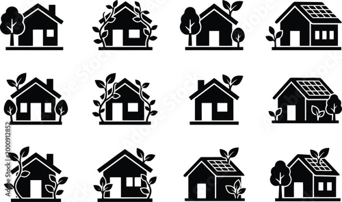 Sammlung von Icons, die Häuser mit Bäumen, Pflanzen und Solarpaneelen darstellen, symbolisierend umweltfreundliches Wohnen und Nachhaltigkeit.