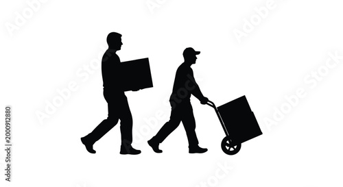 Two movers transporting boxes and dolly black silhouette high quality professional