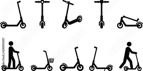Electric scooter icon set, black silhouette kick scooter symbols, 10 vector elements of urban micro mobility and personal transport for city commuting