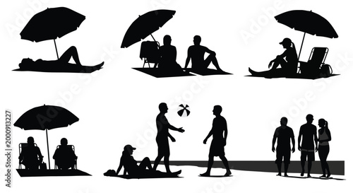 Beach scene with people and umbrellas black silhouette high quality professional