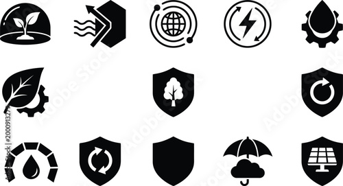 Eco-friendly sustainability icons set, green energy and environmental protection symbols, 12 black vector glyphs for ecology and renewable resources