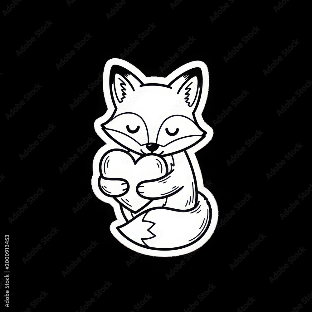 Fototapeta premium Cute black and white fox holding a heart in a cartoon outline sticker design.