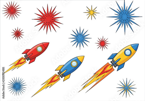 Colorful cartoon space rockets flying with sparkling stars on white background, illustration