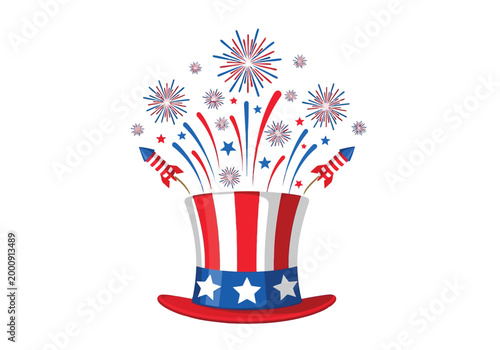 Patriotic celebration top hat with fireworks display for independence day fireworks patriotic