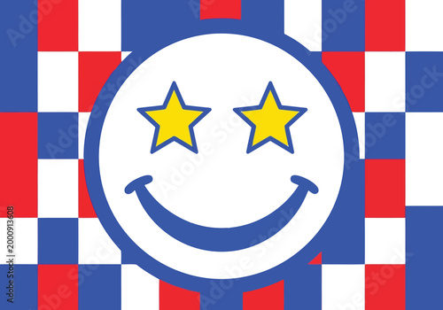 Happy smiley face with star eyes on red white and blue checkered background emoticon cheerful