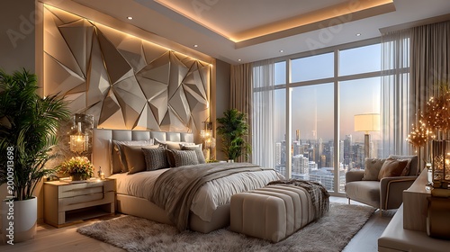Living room with large windows, neutral sofa, and wooden beams
