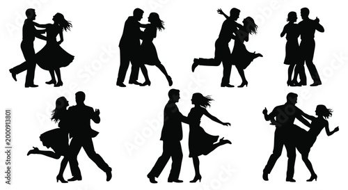 Dancing couples in various poses black silhouette high quality professional detailed