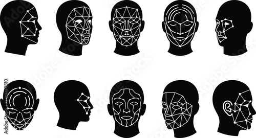 Biometric facial recognition technology icons, set of 10 human head silhouettes with digital scanning mesh, artificial intelligence face ID vector